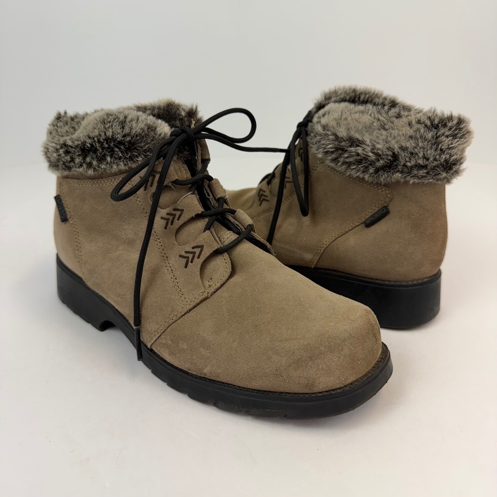 Sporto Women Tan Leather Insulated Winter Boots Faux Fur Trim Waterproof Sz 8.5M